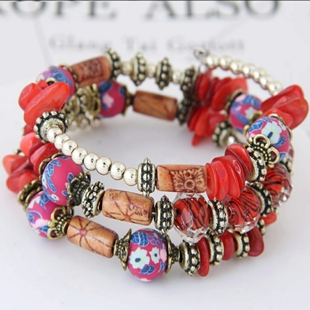 Beaded Spring Memory Wire Bracelet In Red Boho Wrap Bracelet